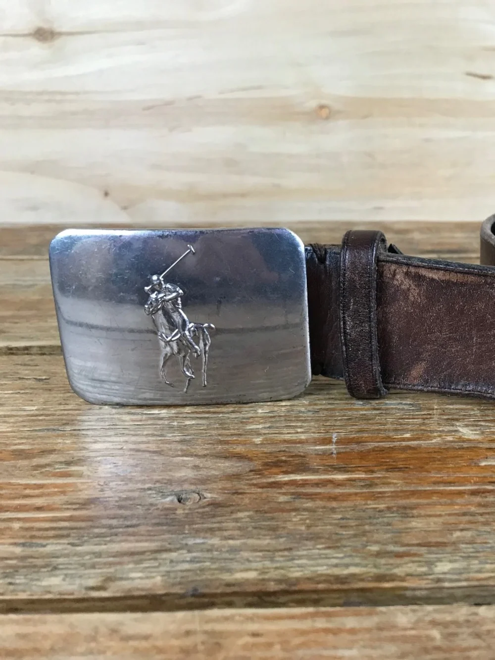 POLO Ralph Lauren Mens Brown Leather Belt Silver Tone Pony Buckle Size 36